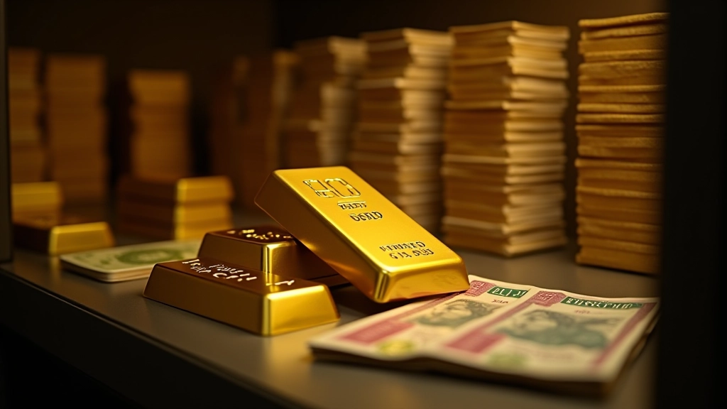 Detailní zobrazení devizových rezerv — zlato, bankovky a elektronické transakce reprezentující zásobníky cizích měn