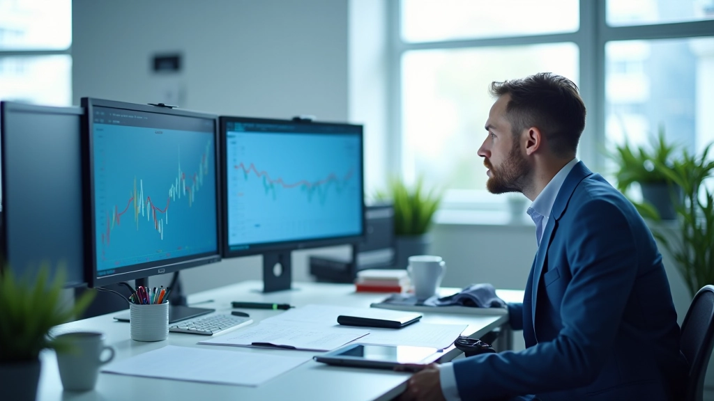 Moderní pracovna s analýzou finančních dat na obrazovkách